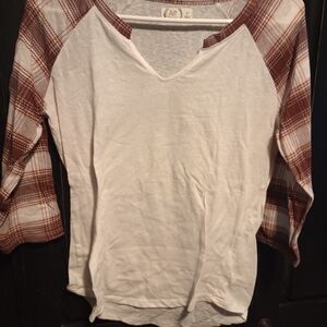 Maurices White Top with Brown Plaid Sleeves